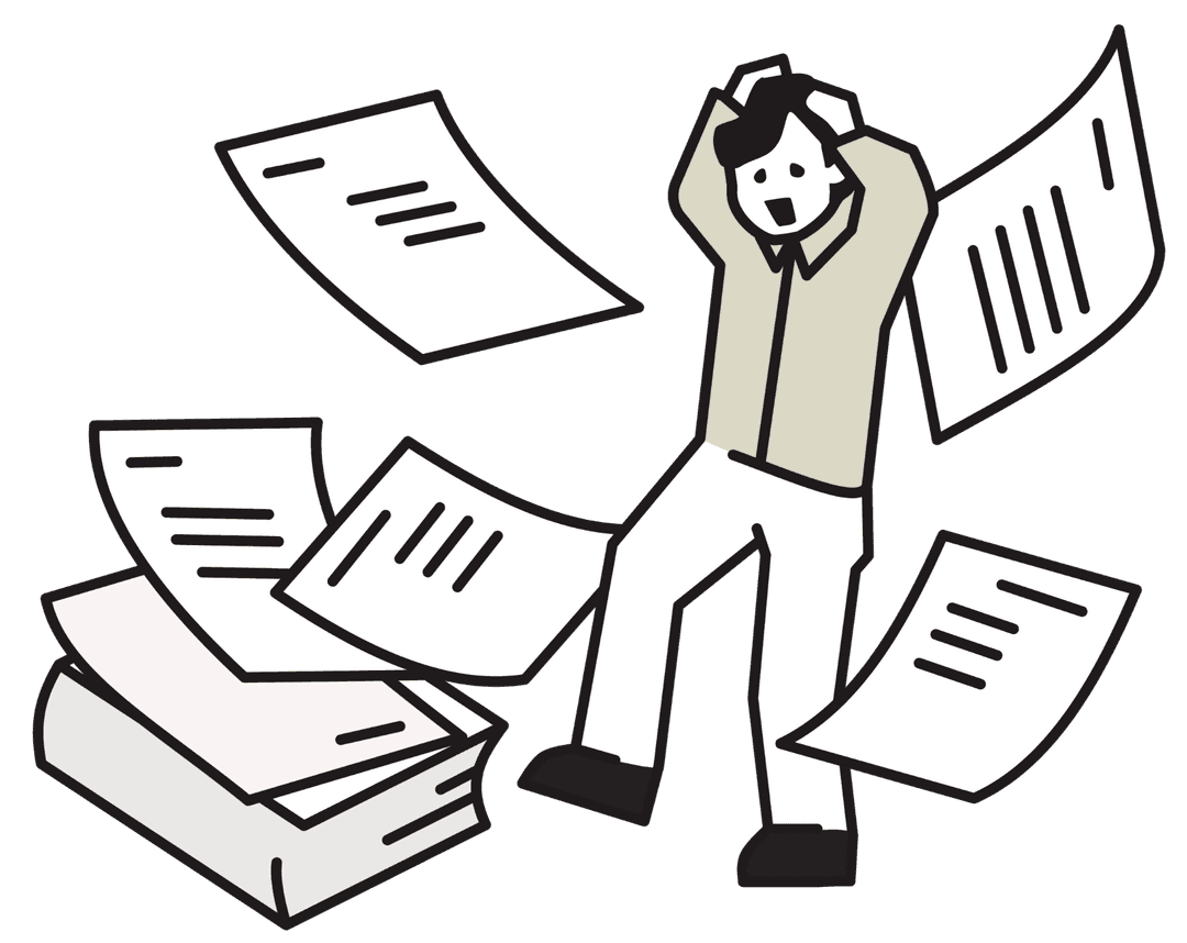 書類が散らばって困っている人物のイラスト